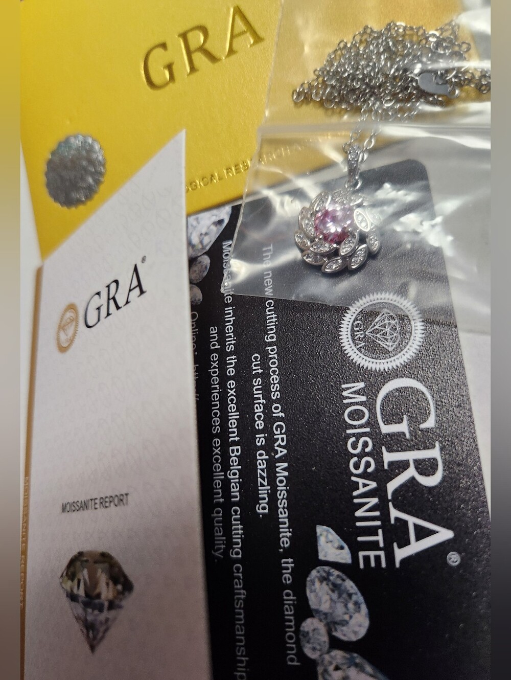 MOISSANITE SAKURA PINK SPIN NECKLACE, NEW, PURE GRA, STERLING SILVER